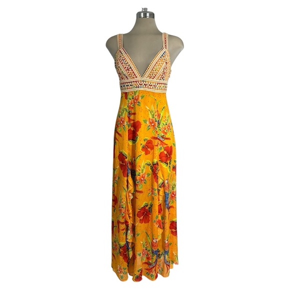 Guess Women's Serena Crochet Trim Vibrant Yellow Floral Maxi Dress Size XS - Picture 11 of 17